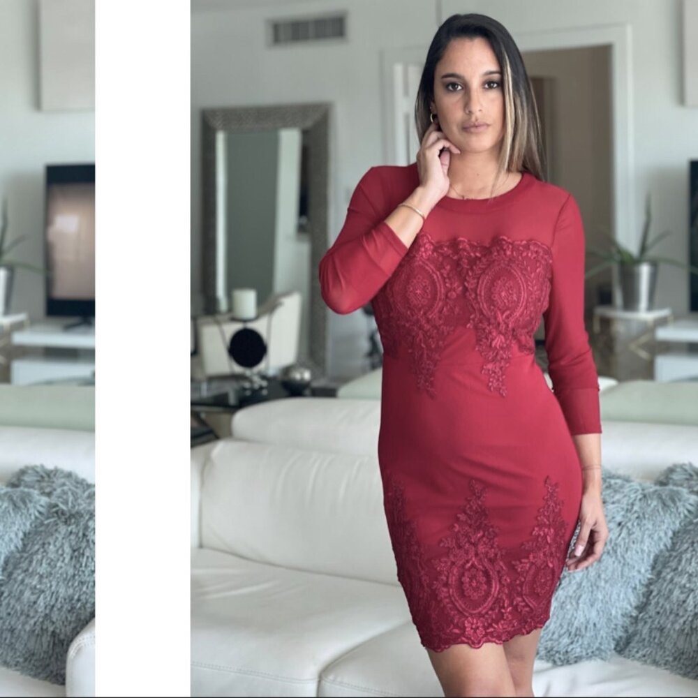 Entry Red Bodycon Cocktail Dress 3/4 Sleeve Crew Neck